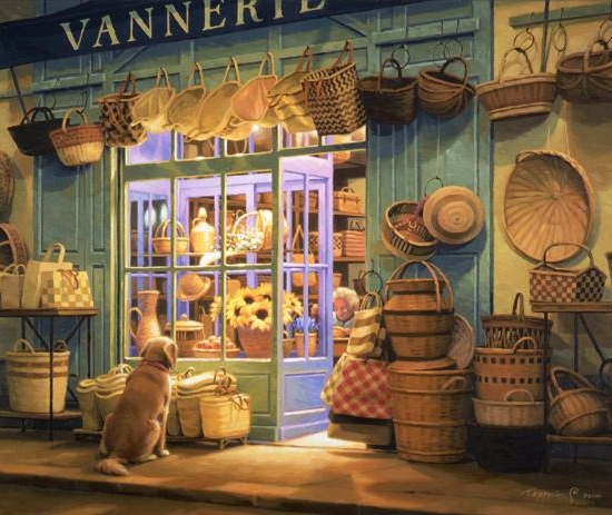 笹倉鉄平の絵画作品　タイトルは、手作り籠の店　vannerie